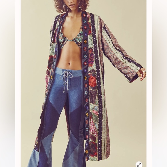 Free People Kayla Duster Embroidered Patchwork Beaded Mixed print kimono Jacket